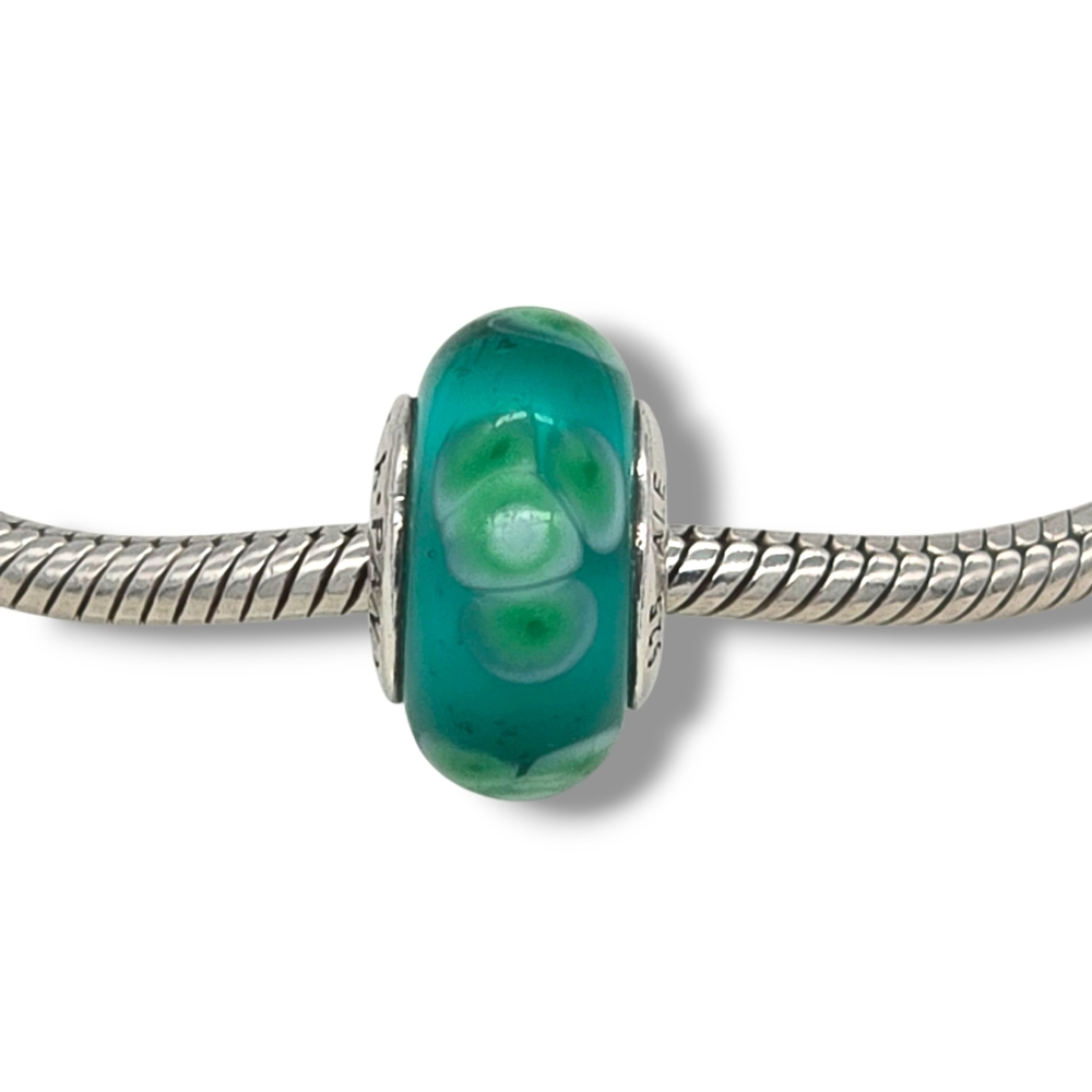 PANDORA Flowers For You Turquoise Green Murano Glass Bead Charm Retired - Picture 6 of 16